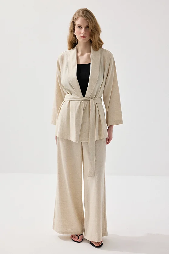 Şal Yaka Keten Kimono - Bej - Gusto