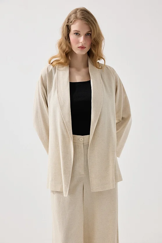 Şal Yaka Keten Kimono - Bej - Gusto