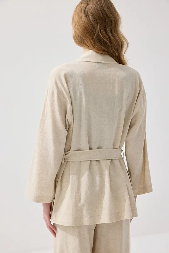 Şal Yaka Keten Kimono - Bej - Gusto