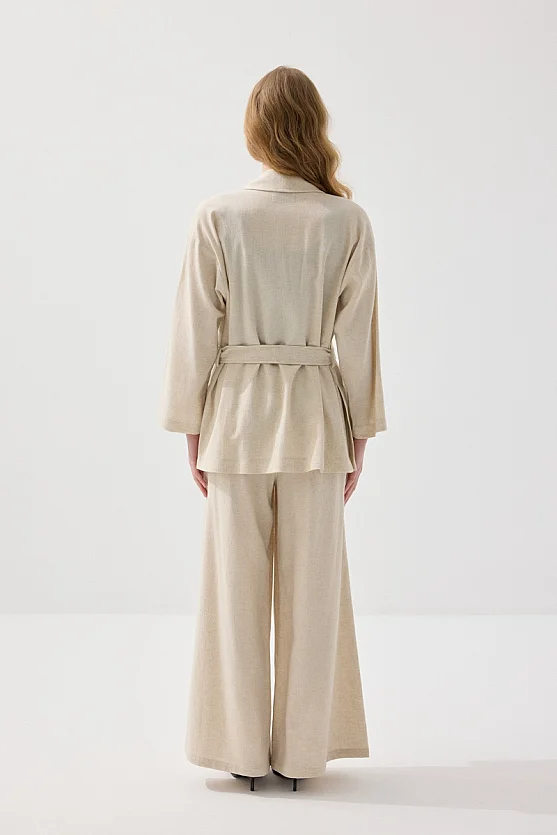 Şal Yaka Keten Kimono - Bej - 6