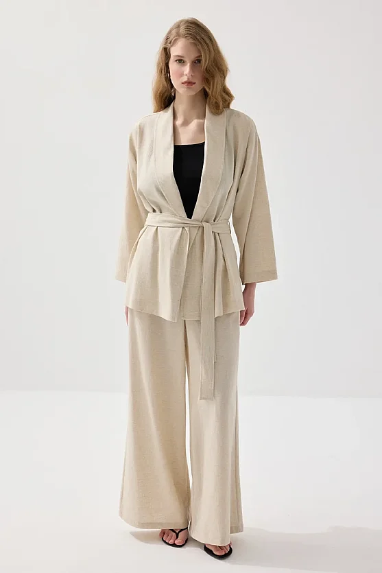 Şal Yaka Keten Kimono - Bej - Gusto