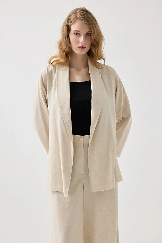 Şal Yaka Keten Kimono - Bej - Gusto