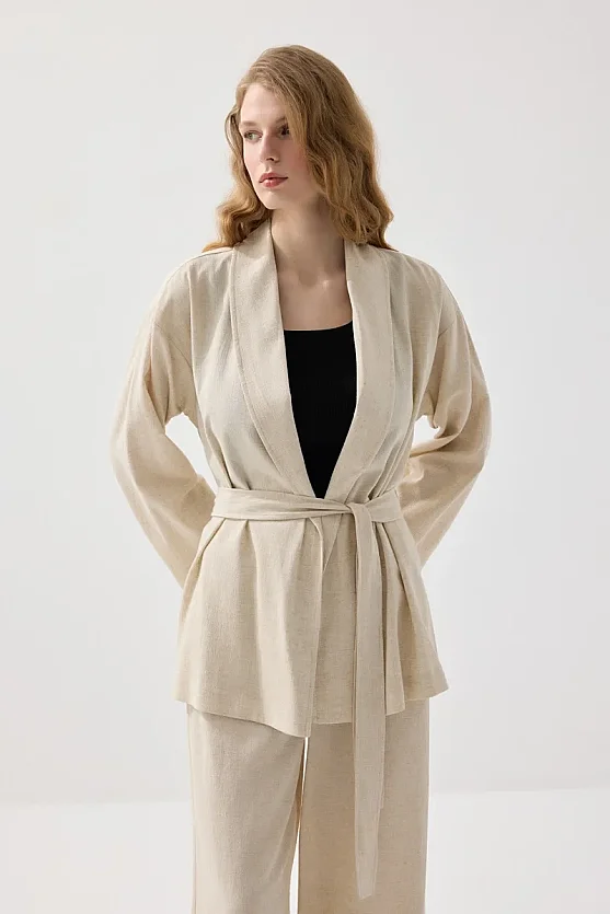 Şal Yaka Keten Kimono - Bej - Gusto