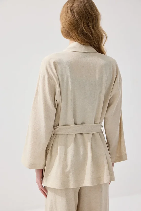 Şal Yaka Keten Kimono - Bej - Gusto