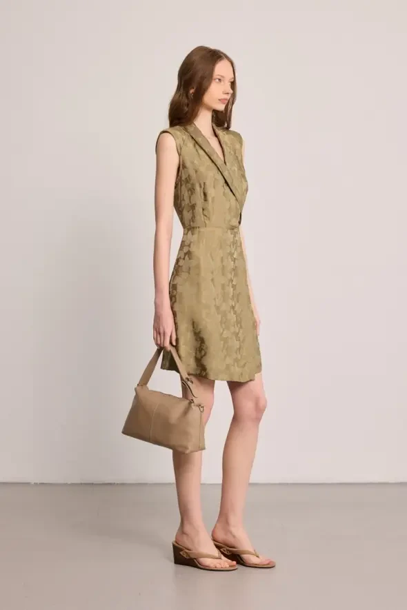 Şal Yakalı Jakar Desenli Elbise - Yeşil - Gusto