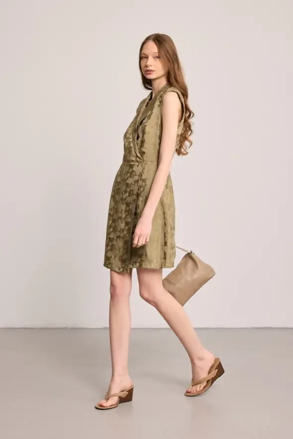 Şal Yakalı Jakar Desenli Elbise - Yeşil - Gusto