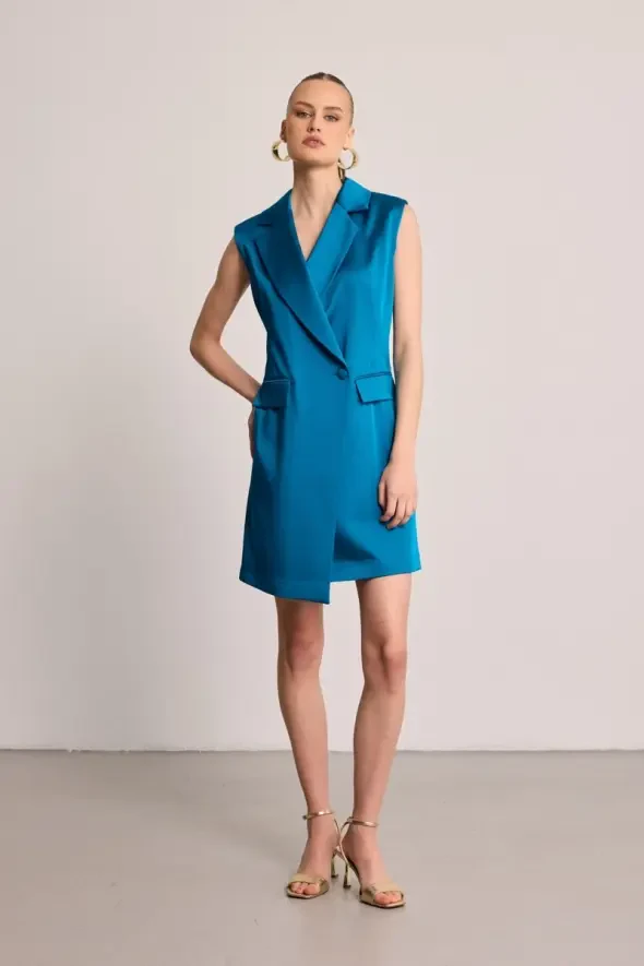 Saten Dokulu Ceket Elbise - Yeşil - Gusto