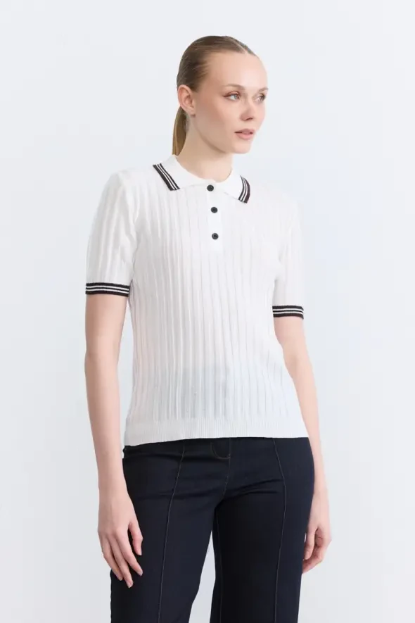 Şerit Detaylı Polo Yaka Kısa Kollu Triko Bluz - Ekru - 1