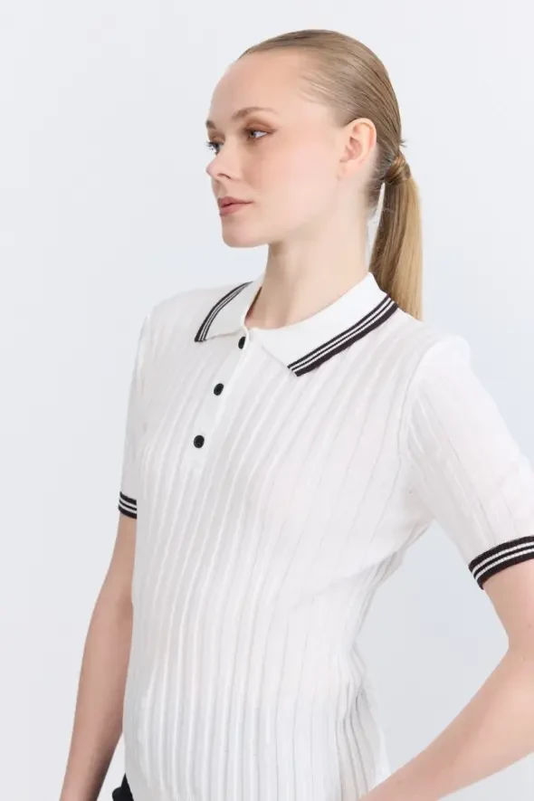 Şerit Detaylı Polo Yaka Kısa Kollu Triko Bluz - Ekru - 3
