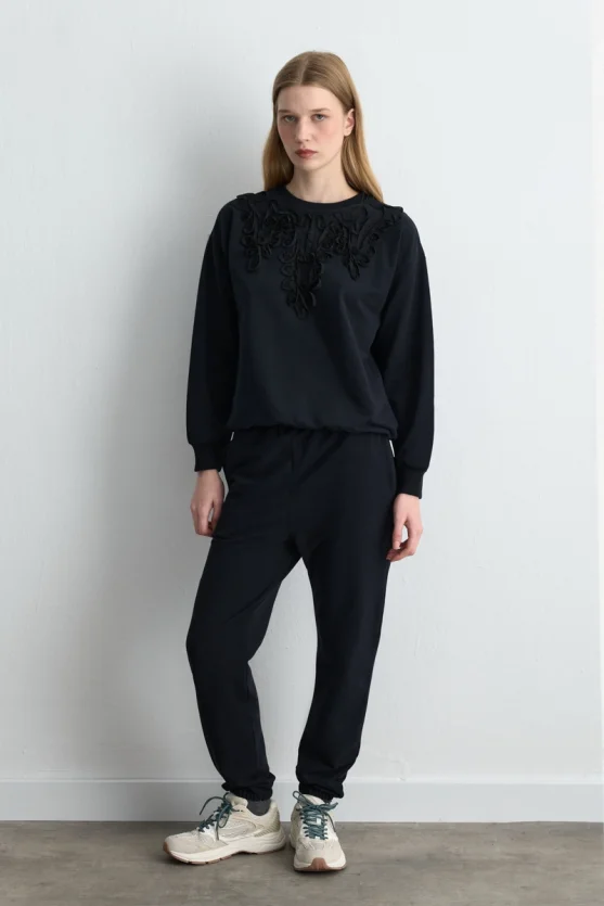 Şerit Nakışlı Pamuk Sweatshirt - Siyah - 4
