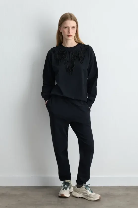 Şerit Nakışlı Pamuk Sweatshirt - Siyah - 3