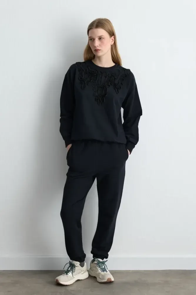 Şerit Nakışlı Pamuk Sweatshirt - Siyah Siyah
