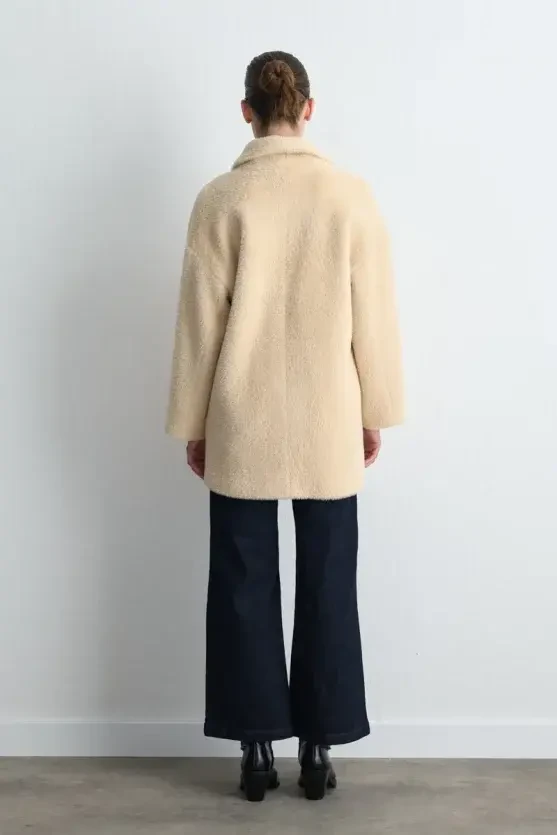 Shawl Collar Plush Coat - Beige - 6