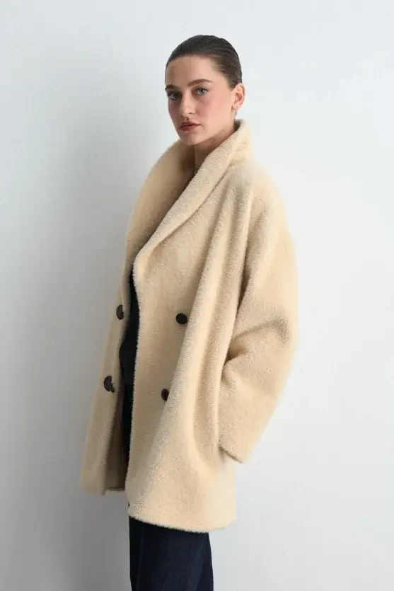 Shawl Collar Plush Coat - Beige - Gusto