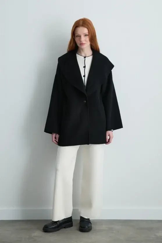 Shawl Collar Unlined Wool Coat - Black - 2