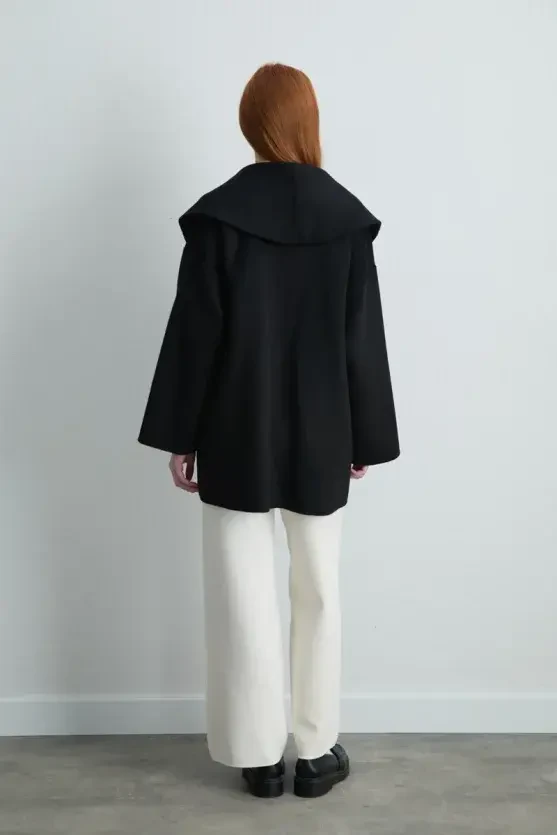 Shawl Collar Unlined Wool Coat - Black - Gusto