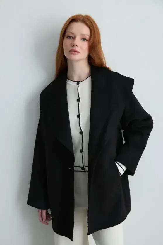 Shawl Collar Unlined Wool Coat - Black - 1