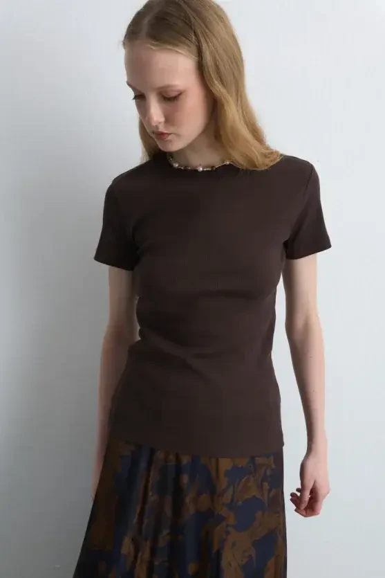 Short Sleeve Basic Cotton T-Shirt - Brown - Gusto