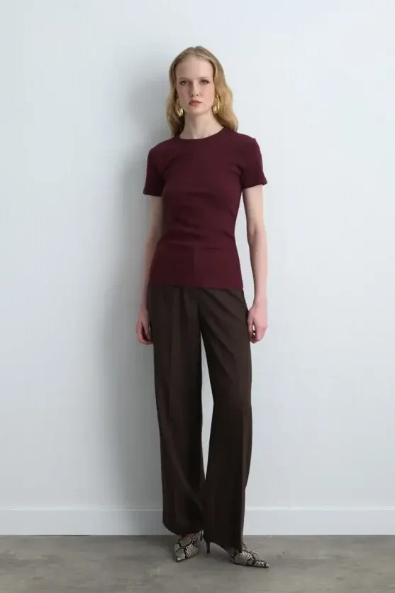 Short Sleeve Basic Cotton T-Shirt - Burgundy - Gusto