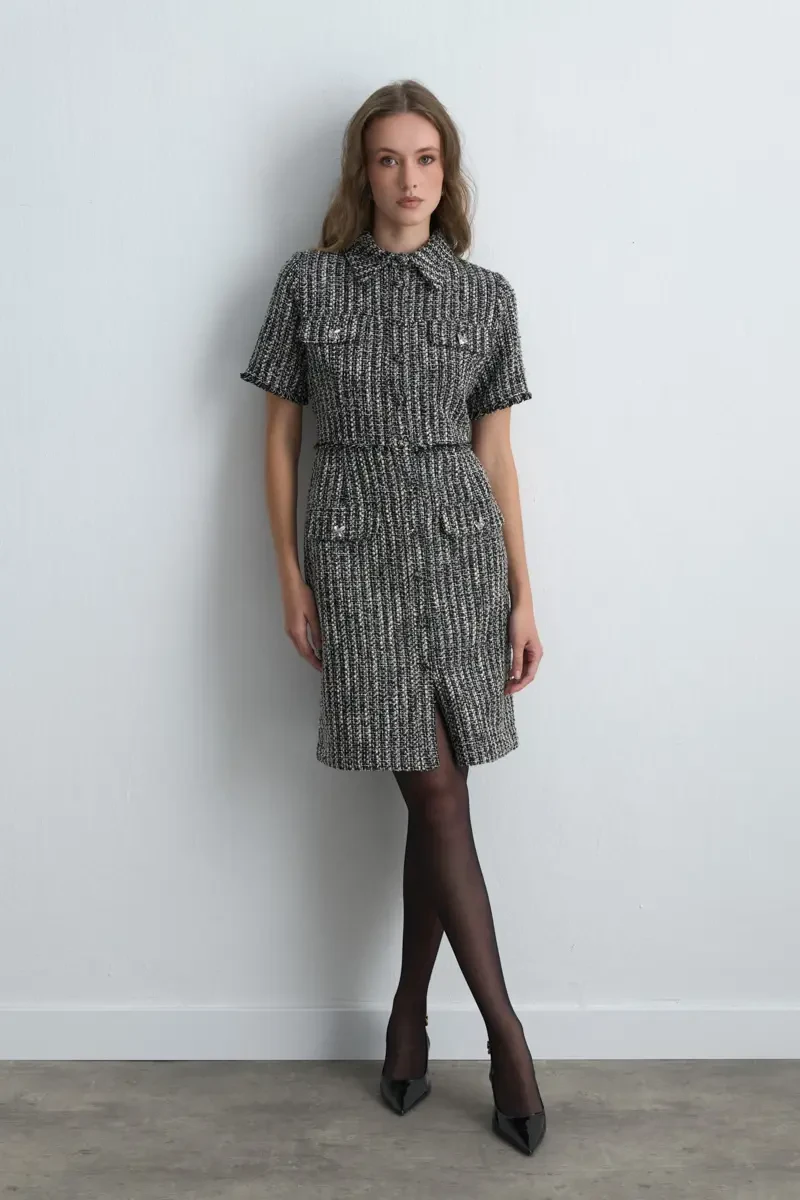 Short Sleeve Fitted Tweed Dress - Black - Gusto