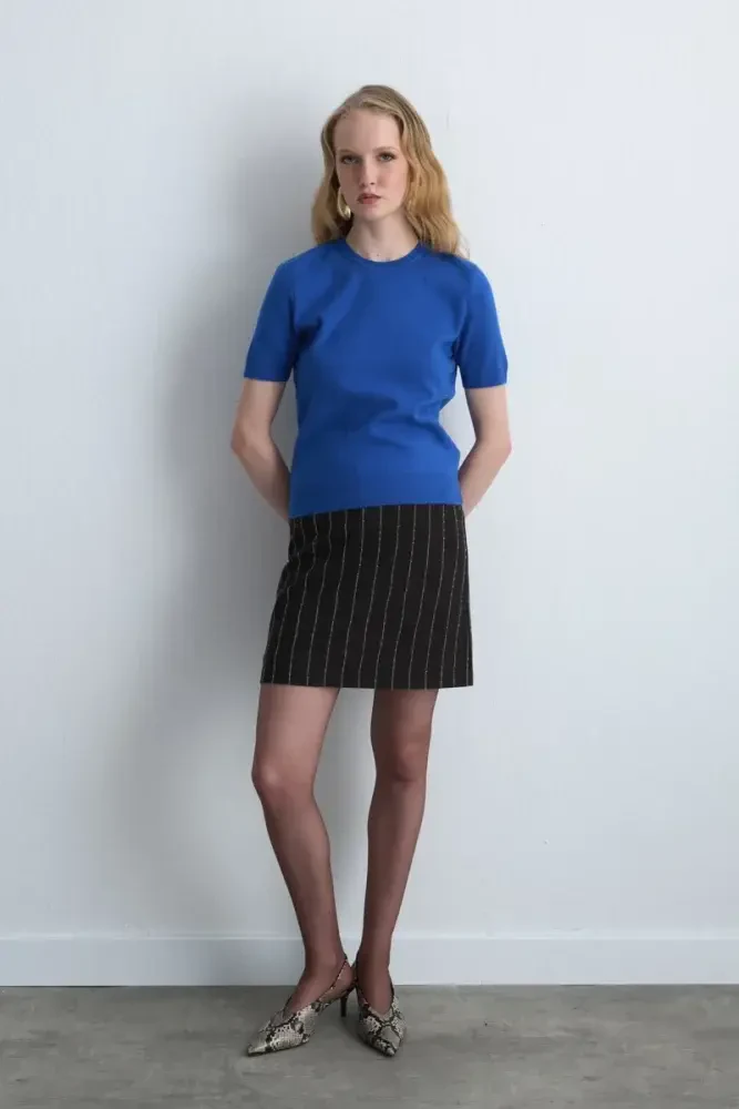 Short Sleeve Knit Blouse - Blue