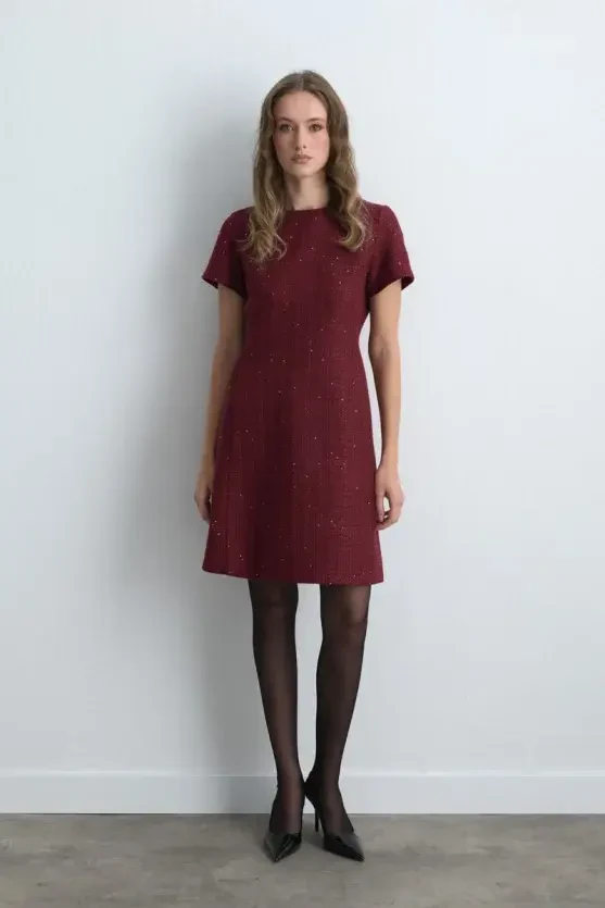 Short Sleeve Tweed Dress - Burgundy - Gusto