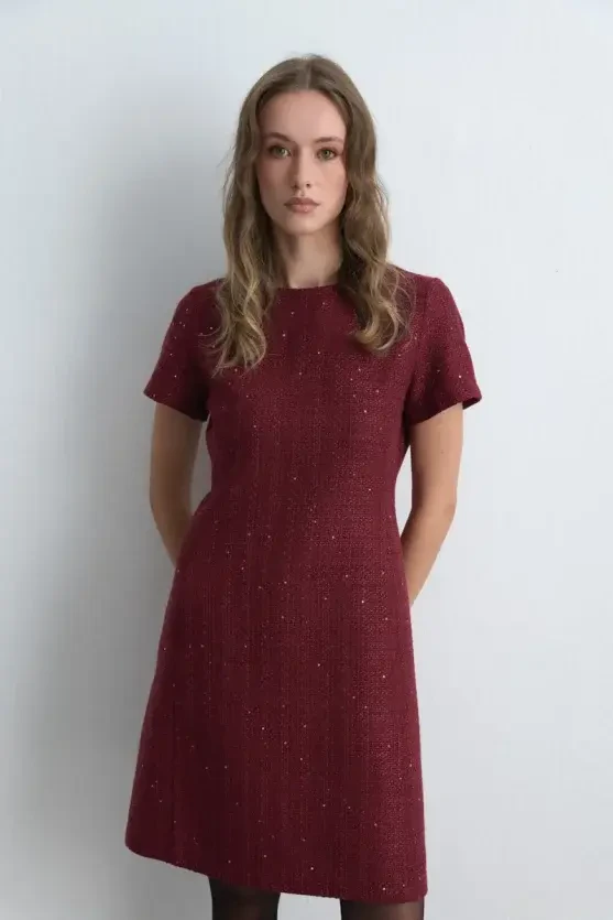 Short Sleeve Tweed Dress - Burgundy - 2