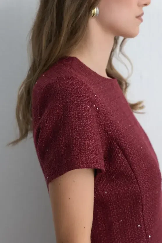 Short Sleeve Tweed Dress - Burgundy - 3