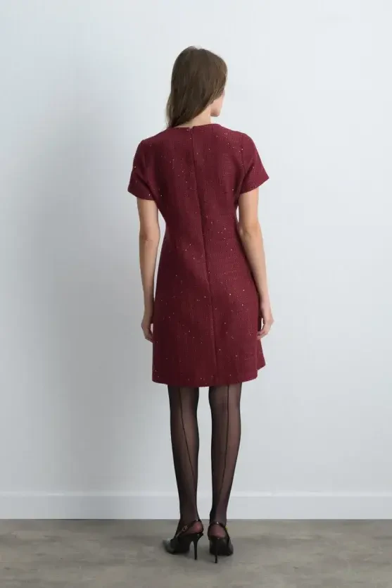 Short Sleeve Tweed Dress - Burgundy - 4
