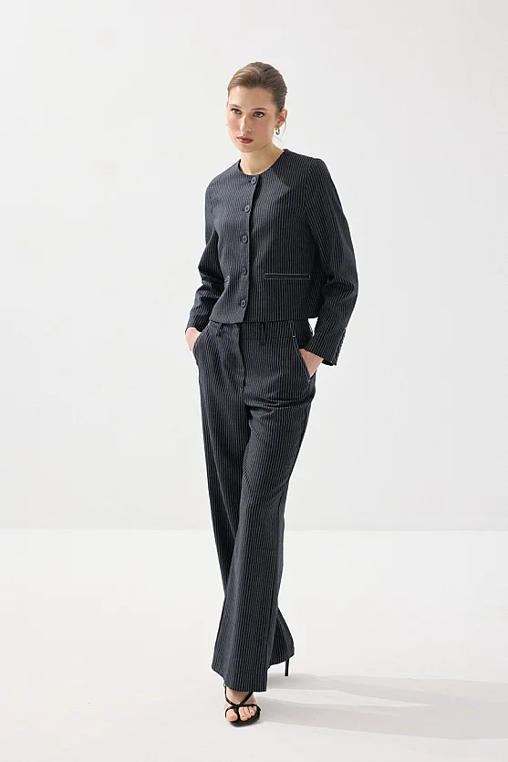 Sıfır Yaka Çizgili Viskon Keten Ceket - Lacivert - Gusto