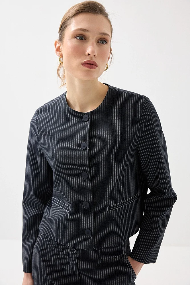 Sıfır Yaka Çizgili Viskon Keten Ceket - Lacivert - Gusto
