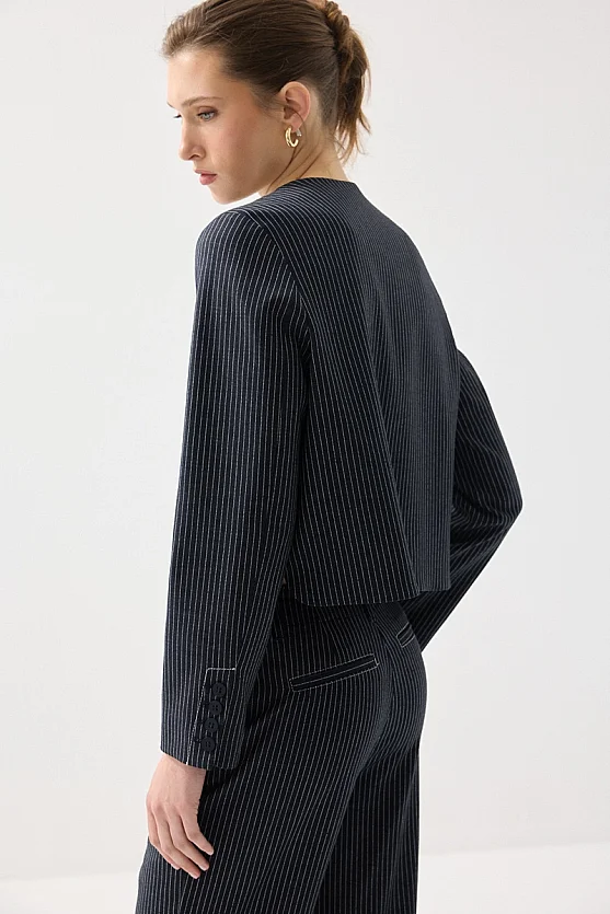 Sıfır Yaka Çizgili Viskon Keten Ceket - Lacivert - Gusto