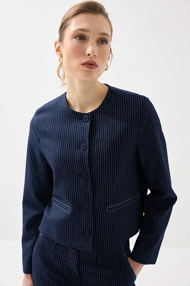 Sıfır Yaka Çizgili Viskon Keten Ceket - Lacivert Lacivert