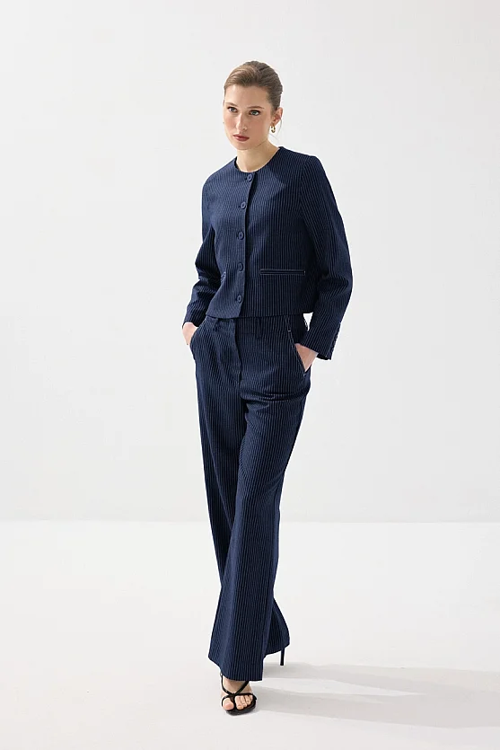 Sıfır Yaka Çizgili Viskon Keten Ceket - Lacivert - 2