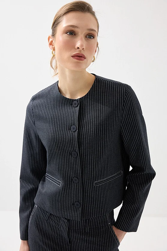 Sıfır Yaka Çizgili Viskon Keten Ceket - Lacivert - Gusto