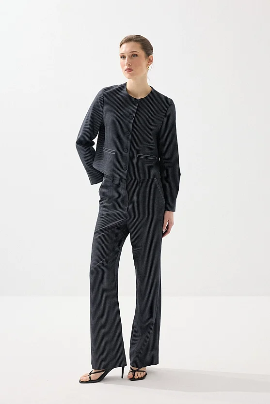 Sıfır Yaka Çizgili Viskon Keten Ceket - Lacivert - Gusto