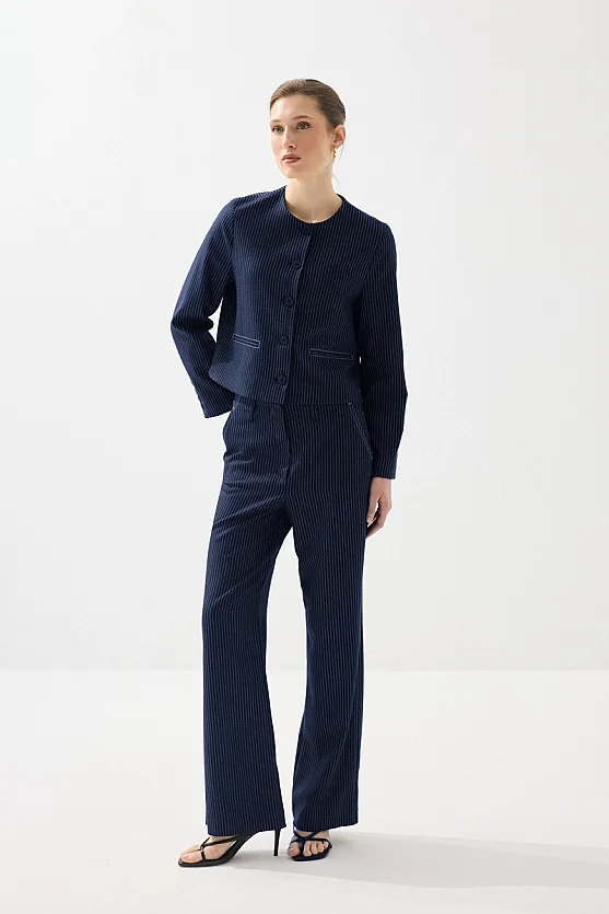 Sıfır Yaka Çizgili Viskon Keten Ceket - Lacivert - Gusto