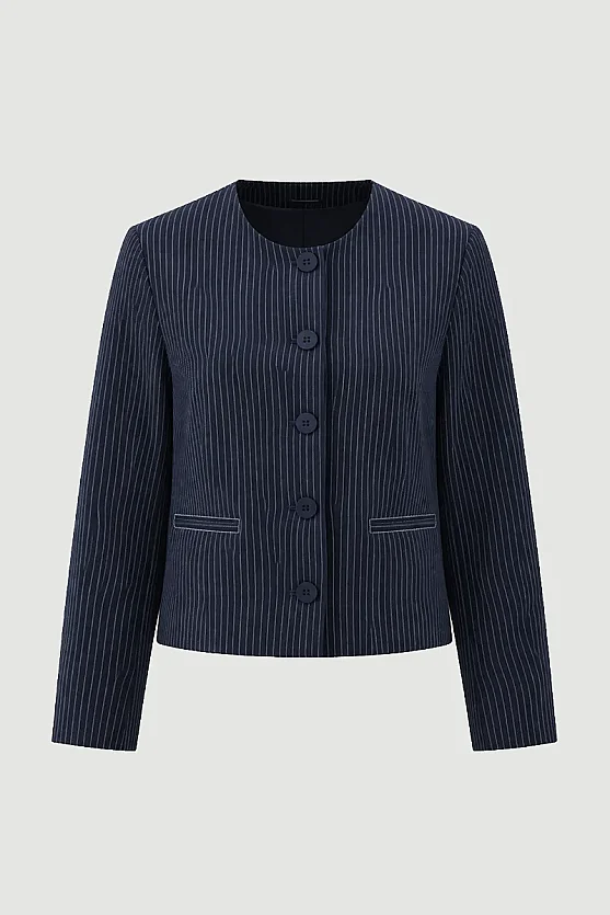 Sıfır Yaka Çizgili Viskon Keten Ceket - Lacivert - Gusto