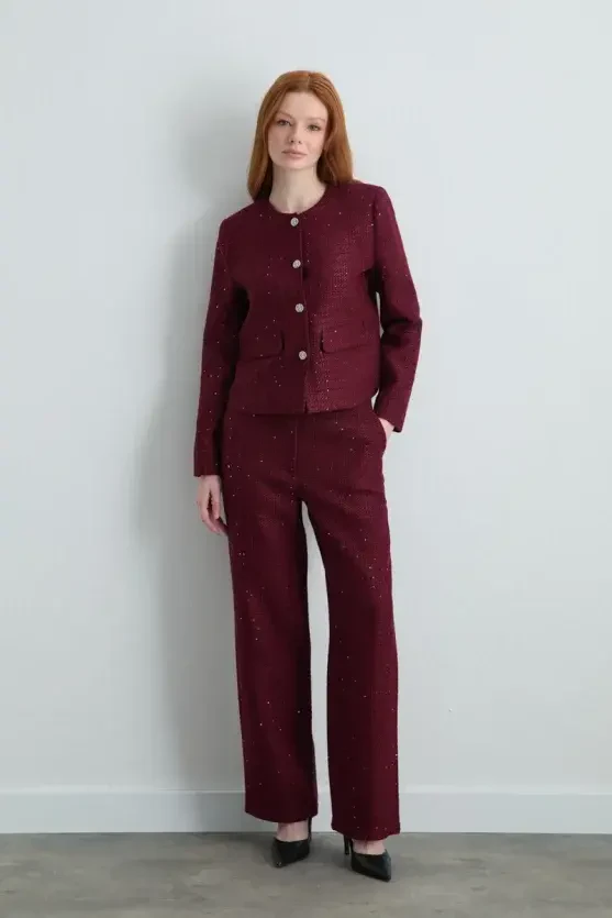 Sıfır Yakalı Tuvit Ceket - Bordo - 4