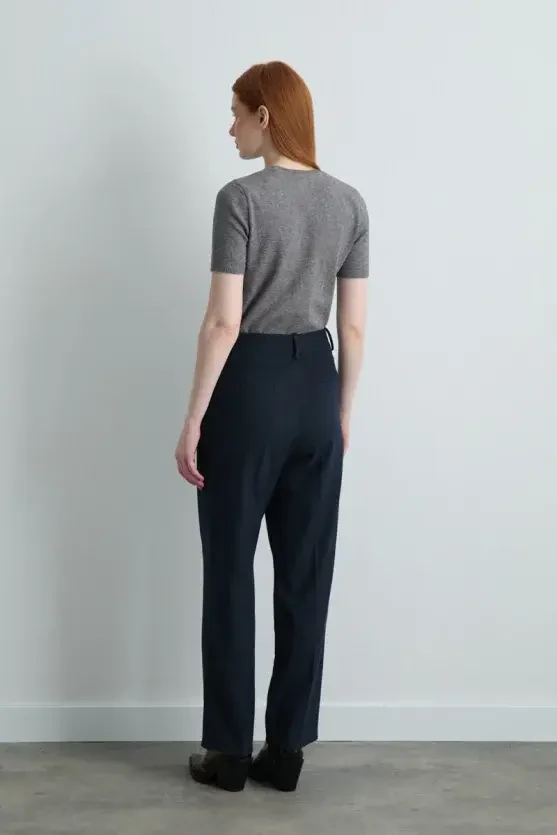 Silk-Striped Belted Carrot-Cut Pants - Navy Blue - Gusto