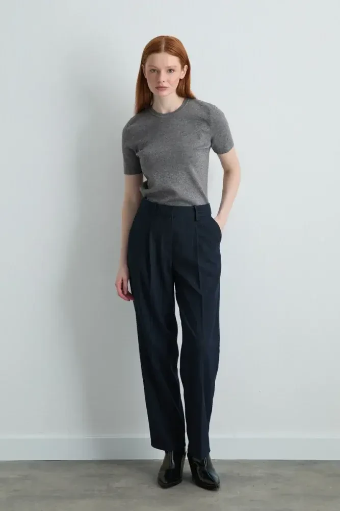 Silk-Striped Belted Carrot-Cut Pants - Navy Blue Navy Blue