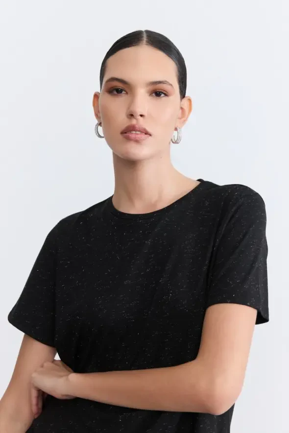 Simli Bisiklet Yaka T-Shirt - Siyah - 3