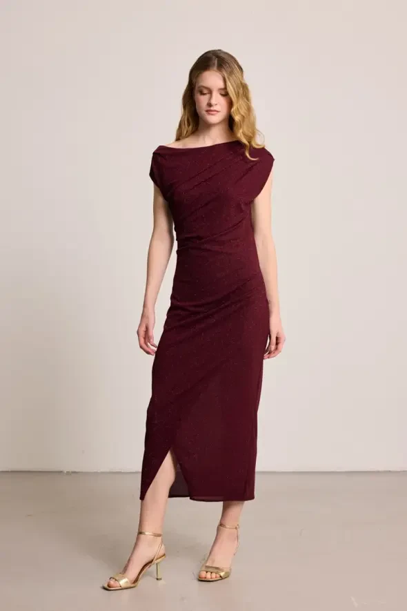 Simli Büzgülü Uzun Abiye Elbise - Bordo - Gusto