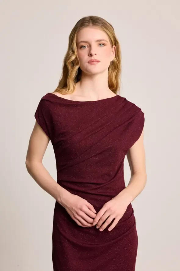 Simli Büzgülü Uzun Abiye Elbise - Bordo - Gusto