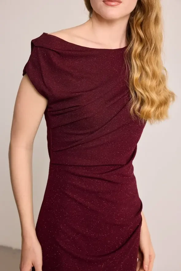 Simli Büzgülü Uzun Abiye Elbise - Bordo - Gusto