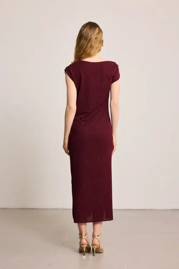 Simli Büzgülü Uzun Abiye Elbise - Bordo - Gusto