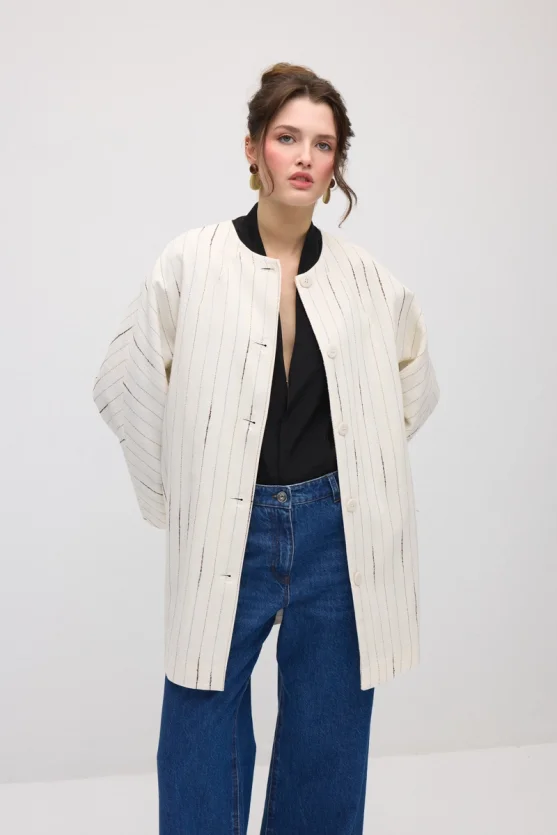 Simli Çizgili Müslin Kaftan - Ekru - Gusto