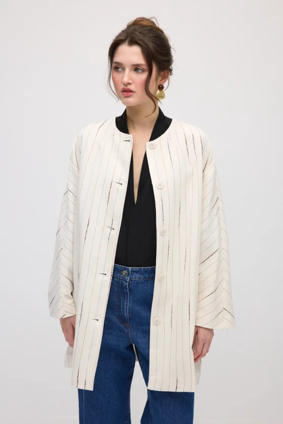 Simli Çizgili Müslin Kaftan - Ekru - 4