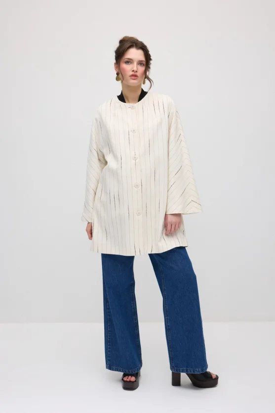 Simli Çizgili Müslin Kaftan - Ekru - Gusto