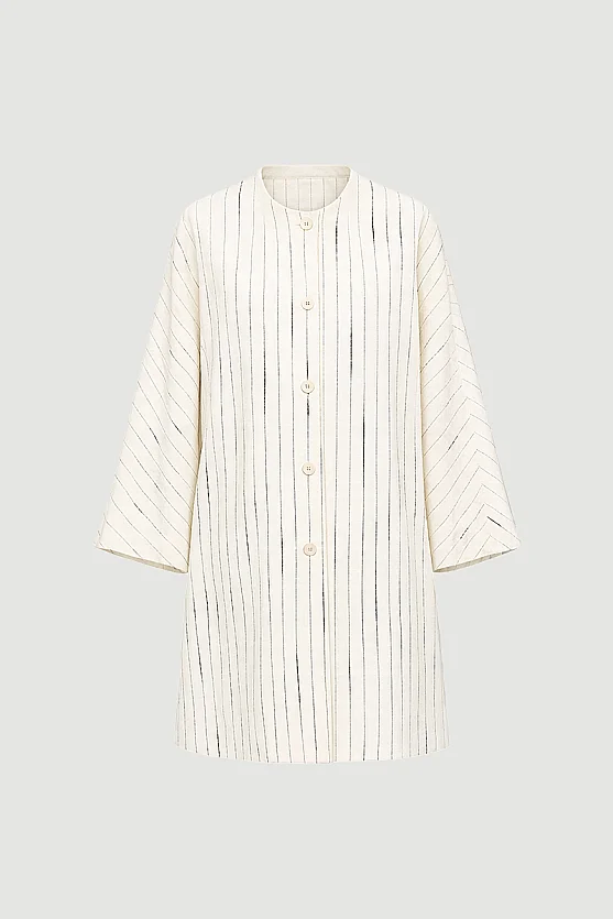 Simli Çizgili Müslin Kaftan - Ekru - Gusto